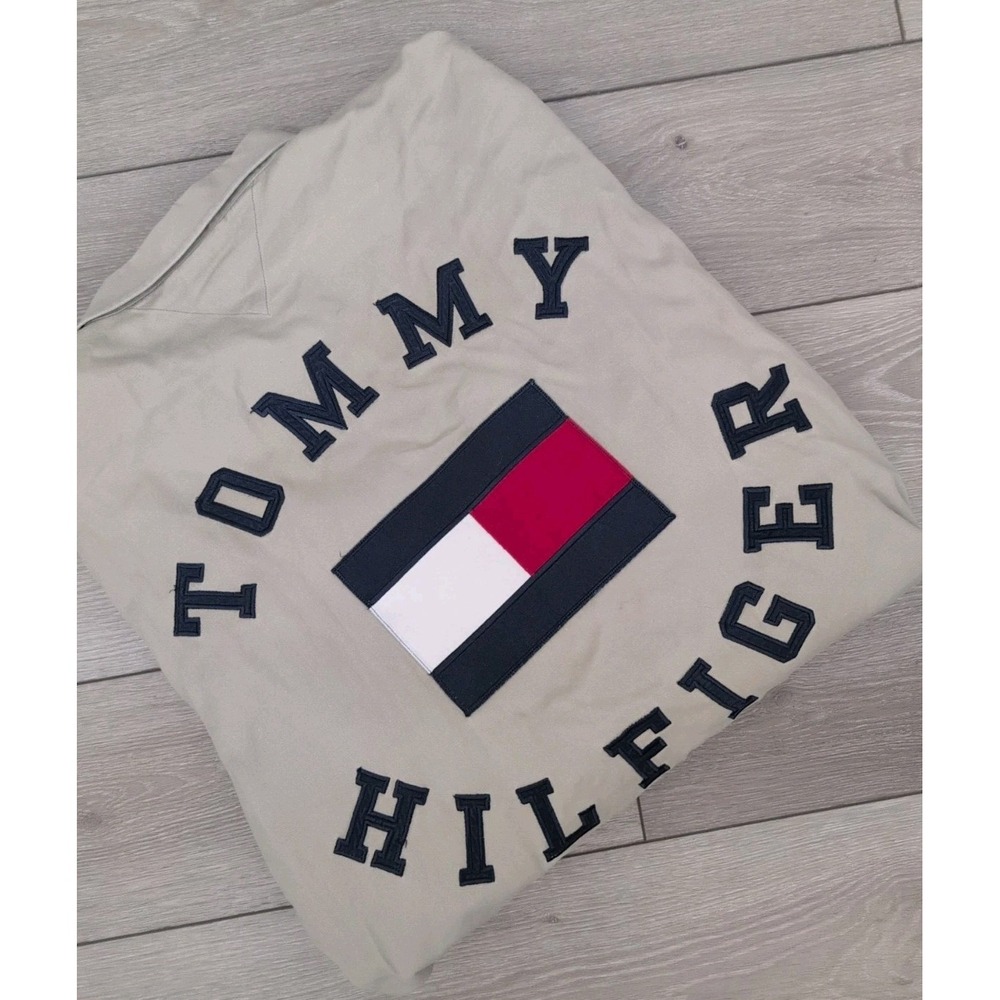 Vtg Tommy Hilfiger Tan Heavy Cotton Crest Big Flag Spell Out Logo Shirt Size XXL